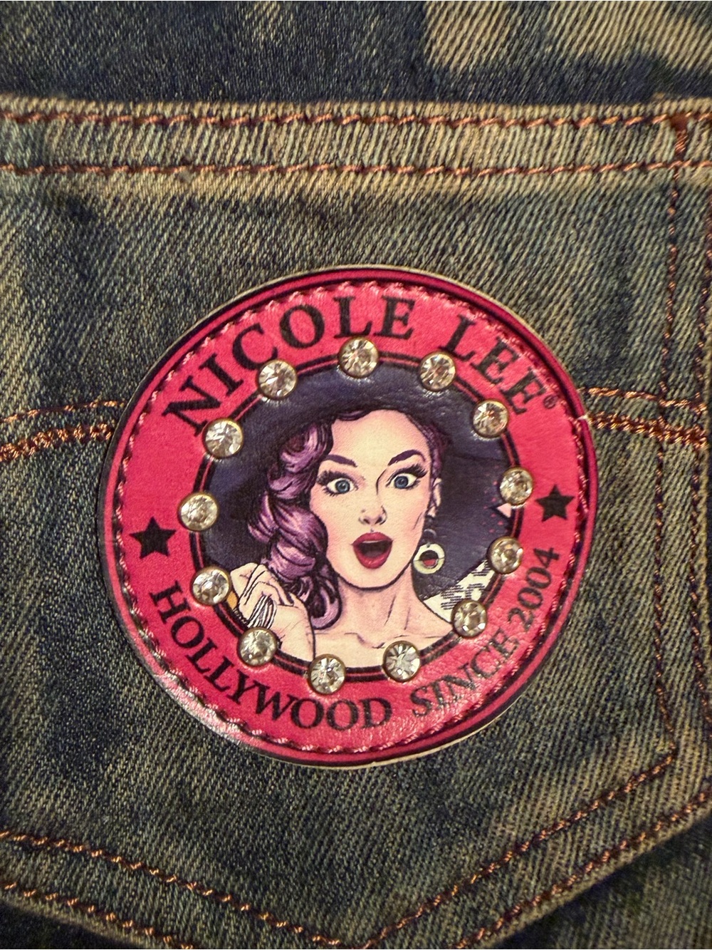 Nicole Lee Pre-Loved Fun Denim Retro Bling Pop-Art Tote with Red Handles (P248) - Picture 9 of 12